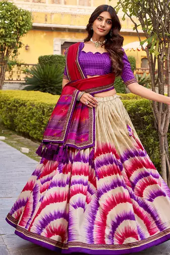 Tasar Silk Tie-Dye Print Chaniya Choli with Lace Touch-Up
