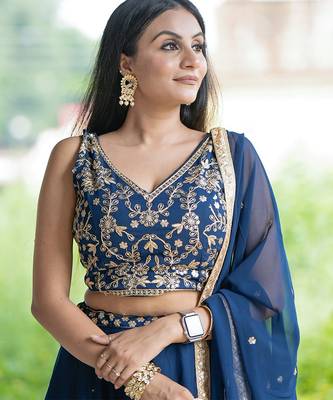 Navy Blue Faux Georgette Embroidered Sequins Lehenga set with choli and dupatta 2