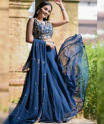 Navy Blue Faux Georgette Embroidered Sequins Lehenga set with choli and dupatta 3
