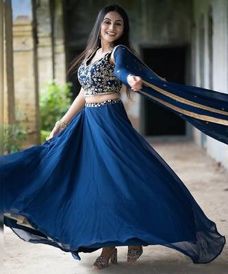 Navy Blue Faux Georgette Embroidered Sequins Lehenga set with choli and dupatta 4