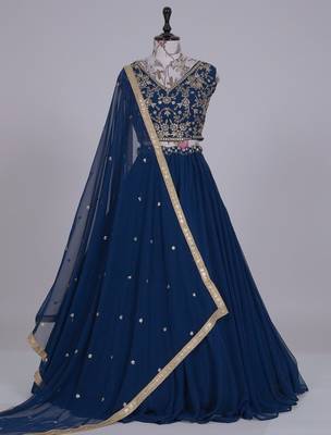 Navy Blue Faux Georgette Embroidered Sequins Lehenga set with choli and dupatta 5