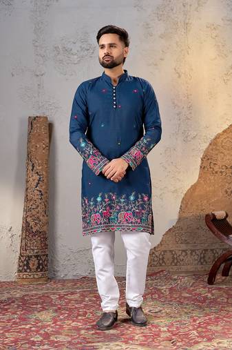 Navy blue star georgette embroidered kurta     festive and ethnic wear