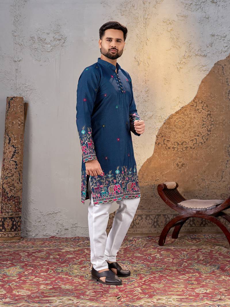 Navy blue star georgette embroidered kurta     festive and ethnic wear