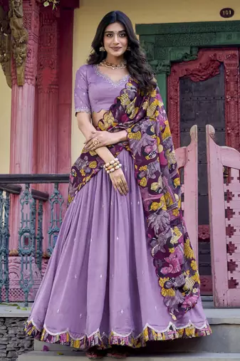 Lavender Vichitra Silk Sequins and Thread Embroidered With Kalamkari Print Border  Indian lehenga Choli