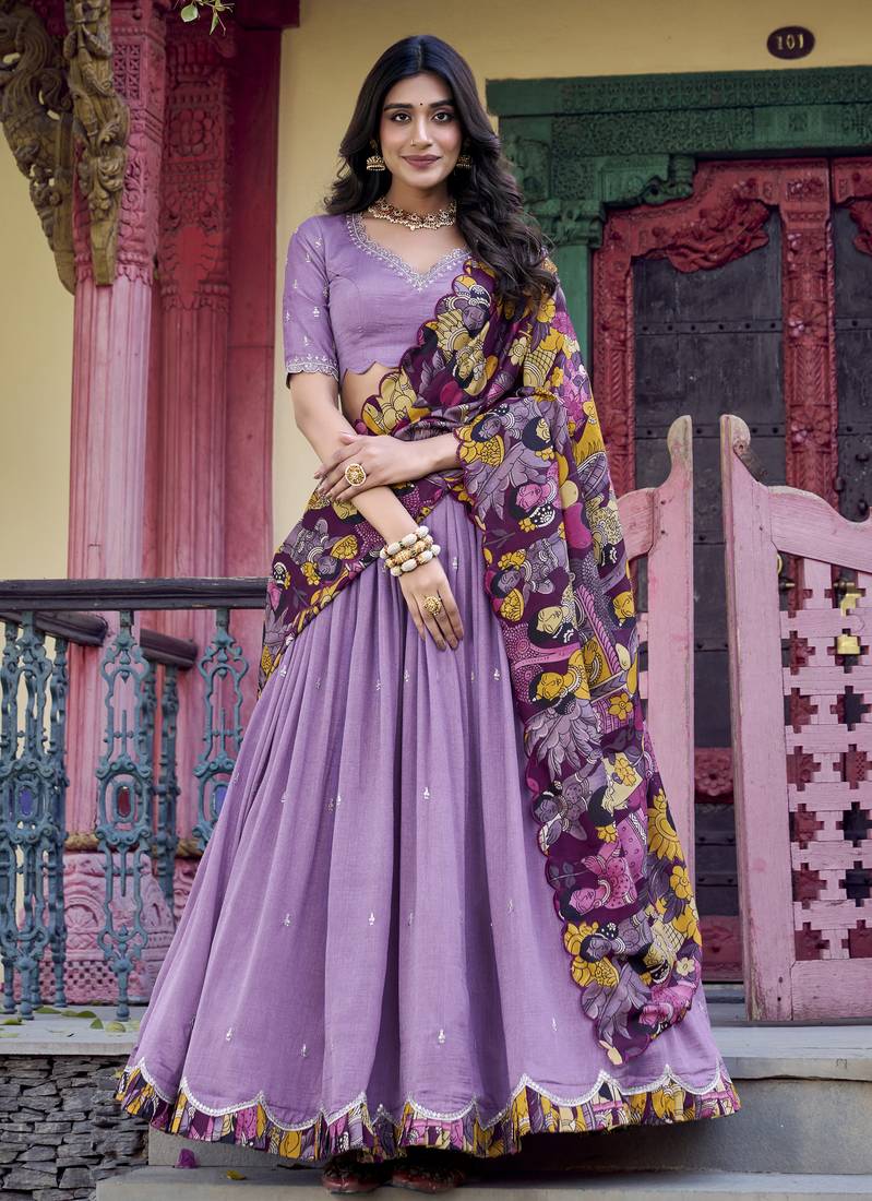 Lavender Vichitra Silk Sequins and Thread Embroidered With Kalamkari Print Border  Indian lehenga Choli