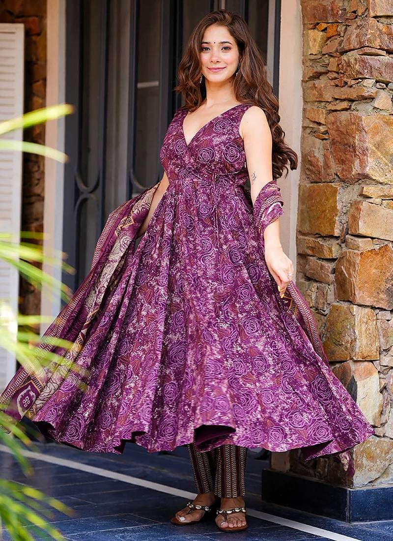 Purple heavy digital printed  maslin anarkali style