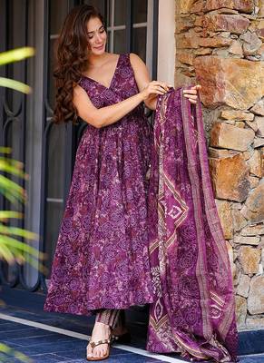 Purple heavy digital printed  maslin anarkali style 4
