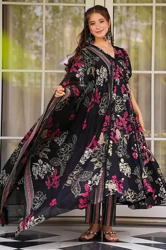 Black heavy digital printed  maslin anarkali style