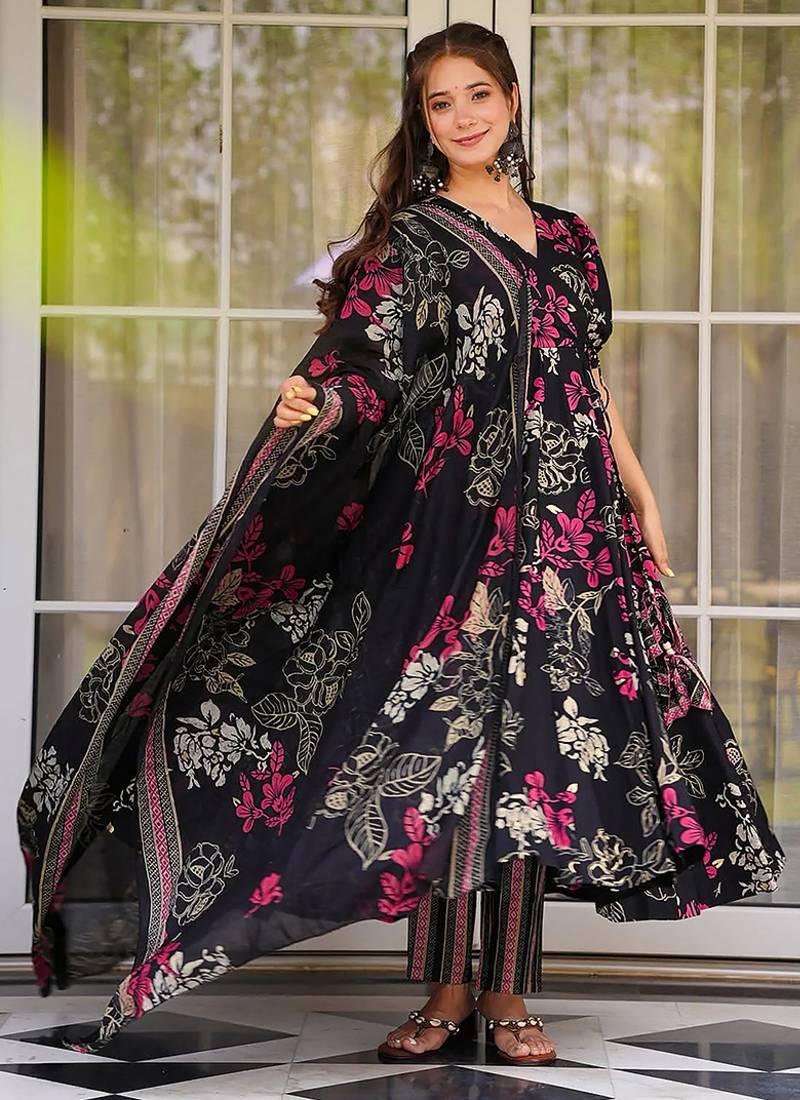 Black heavy digital printed  maslin anarkali style