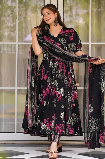 Black heavy digital printed  maslin anarkali style