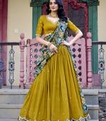 Mustard Vichitra Silk Sequins and Thread Embroidered With Kalamkari Print Border wedding lehenga Choli