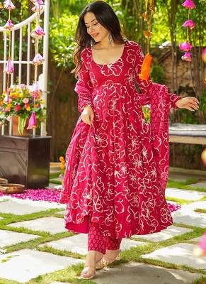 Rani-pink heavy digital printed  maslin anarkali style 1