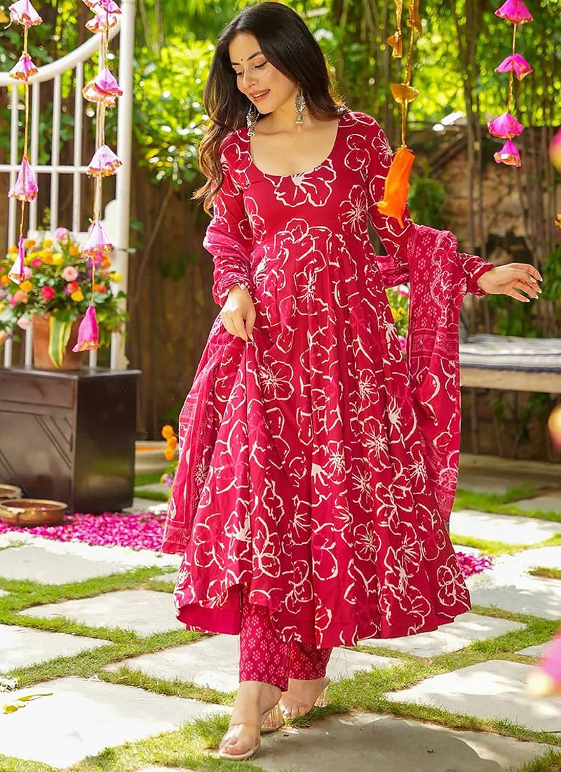 Rani-pink heavy digital printed  maslin anarkali style