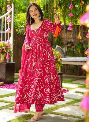 Rani-pink heavy digital printed  maslin anarkali style 2