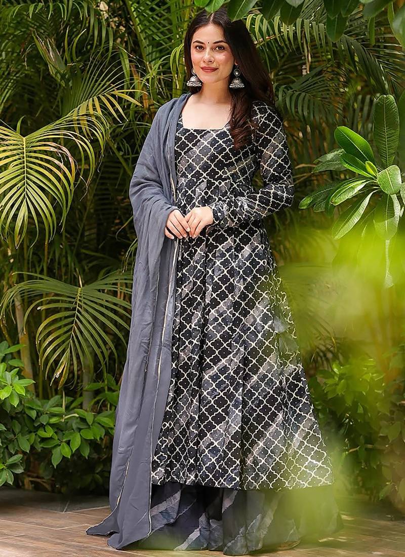 Black heavy digital printed  maslin anarkali palazzo style