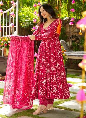 Rani-pink heavy digital printed  maslin anarkali style 4