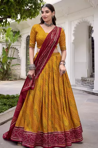 Glamorous Yellow Tasar Silk Bandhej Print With Gotta Patti Lace Touch Up Indian wedding lehenga Choli dress