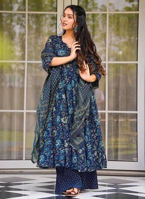 Teal blue heavy digital printed  maslin anarkali palazzo style 1