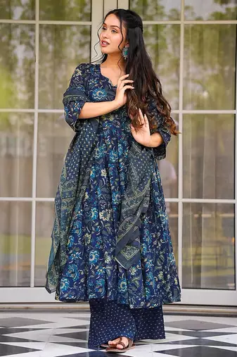 Teal blue heavy digital printed  maslin anarkali palazzo style