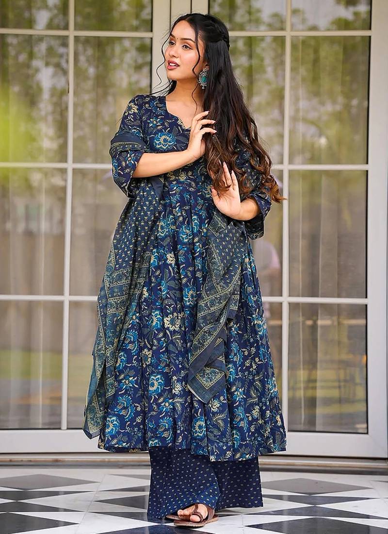 Teal blue heavy digital printed  maslin anarkali palazzo style