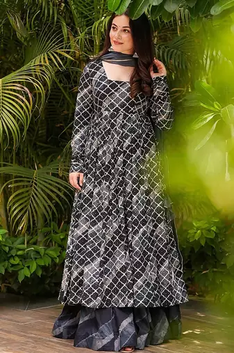 Black heavy digital printed  maslin anarkali palazzo style