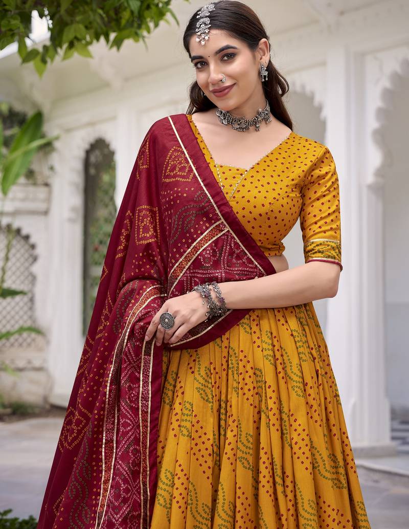 Glamorous Yellow Tasar Silk Bandhej Print With Gotta Patti Lace Touch Up Indian wedding lehenga Choli dress