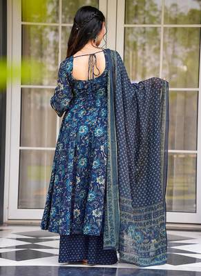 Teal blue heavy digital printed  maslin anarkali palazzo style 2
