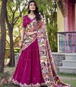 Pink Vichitra Silk Sequins and Thread Embroidered With Kalamkari Print Border wedding lehenga Choli