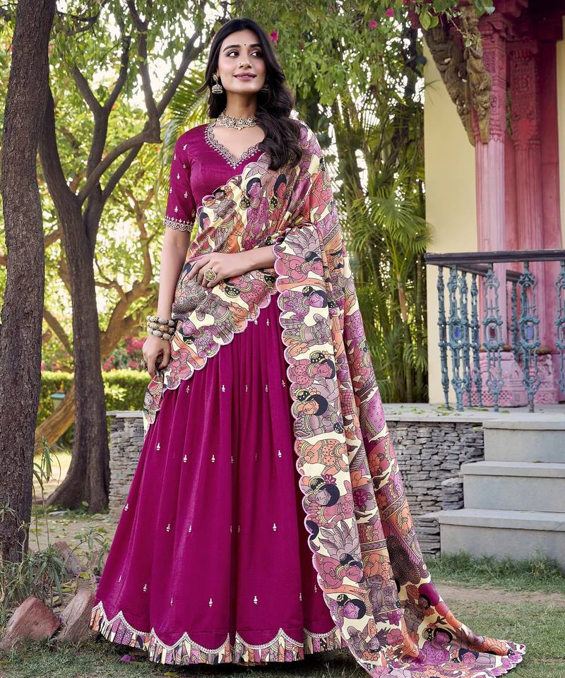 Pink Vichitra Silk Sequins and Thread Embroidered With Kalamkari Print Border wedding lehenga Choli