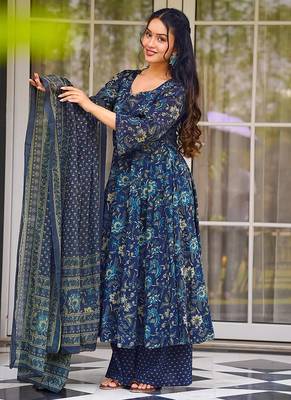 Teal blue heavy digital printed  maslin anarkali palazzo style 3