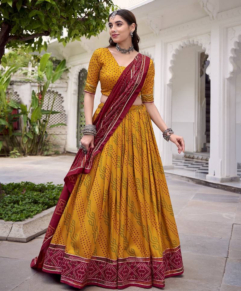 Glamorous Yellow Tasar Silk Bandhej Print With Gotta Patti Lace Touch Up Indian wedding lehenga Choli dress