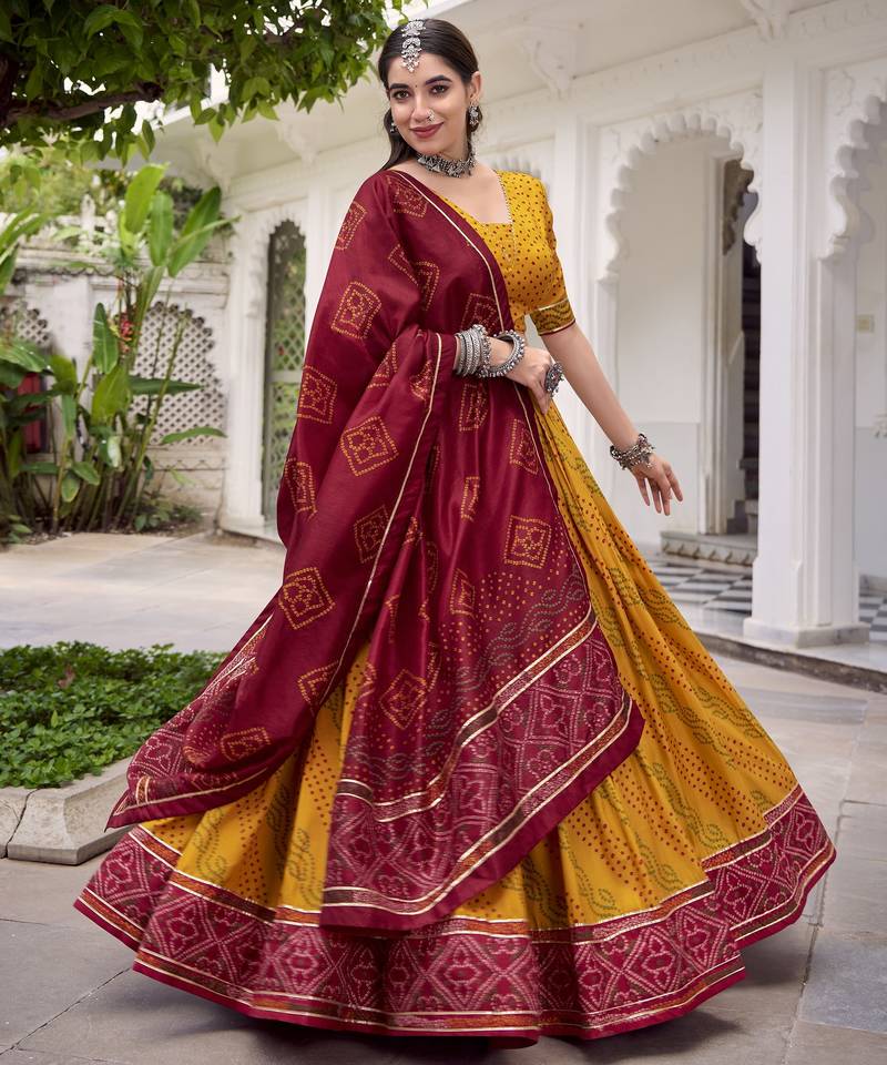 Glamorous Yellow Tasar Silk Bandhej Print With Gotta Patti Lace Touch Up Indian wedding lehenga Choli dress