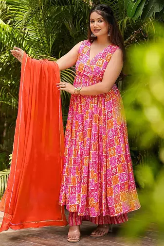Multicolor heavy digital printed  maslin anarkali palazzo style