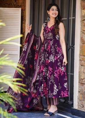 Purple heavy digital printed  maslin anarkali style 1