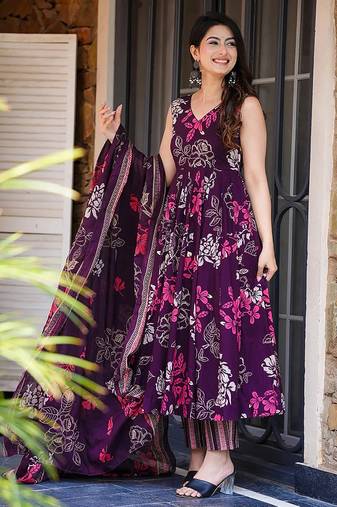 Purple heavy digital printed  maslin anarkali style