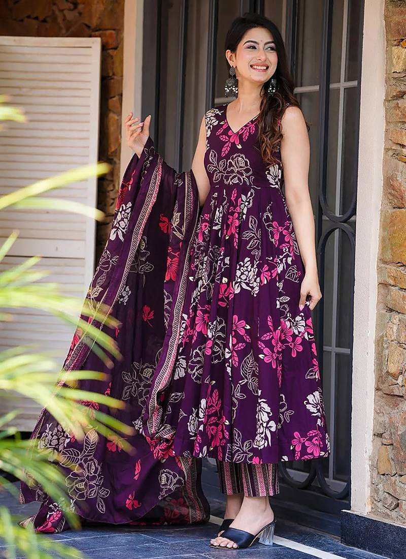 Purple heavy digital printed  maslin anarkali style