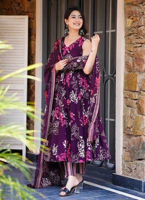 Purple heavy digital printed  maslin anarkali style 2
