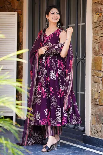 Purple heavy digital printed  maslin anarkali style
