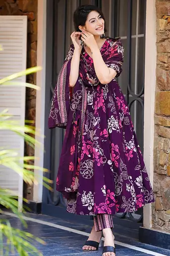 Purple heavy digital printed  maslin anarkali style