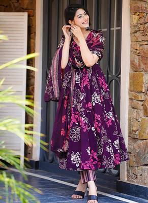 Purple heavy digital printed  maslin anarkali style 4