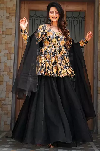 Black heavy digital printed  silk  top & skirt with dupatta