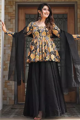 Black heavy digital printed  silk  top & skirt with dupatta