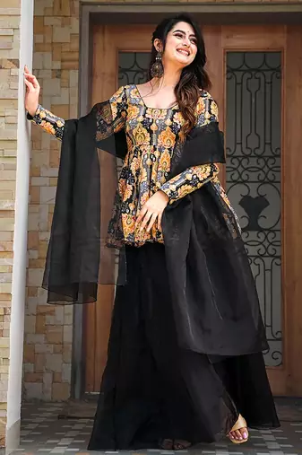Black heavy digital printed  silk  top & skirt with dupatta