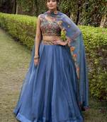 Charming Teal blue Chanda Silk Plain With Sequins and Thread Embroidered Belt Indian wedding lehenga Choli dress