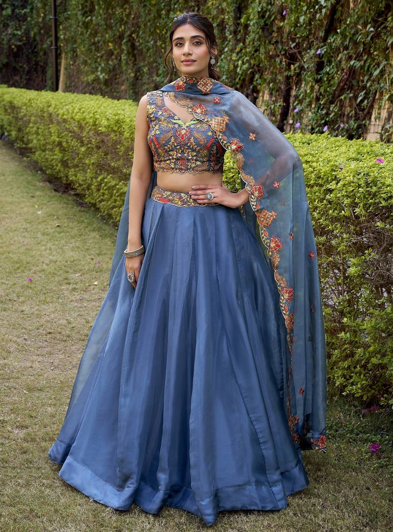 Charming Teal blue Chanda Silk Plain With Sequins and Thread Embroidered Belt Indian wedding lehenga Choli dress