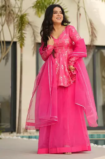 Pink heavy digital printed  silk  top & sharara with dupatta