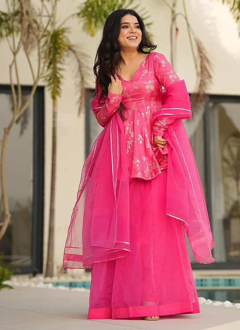 Pink heavy digital printed  silk  top & sharara with dupatta