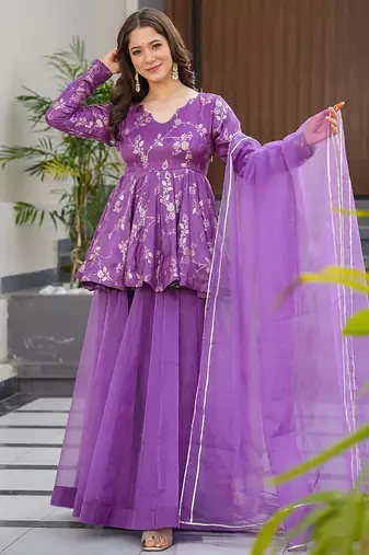 Purple heavy digital printed  silk  top & sharara with dupatta