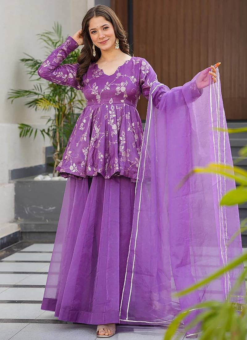Purple heavy digital printed  silk  top & sharara with dupatta
