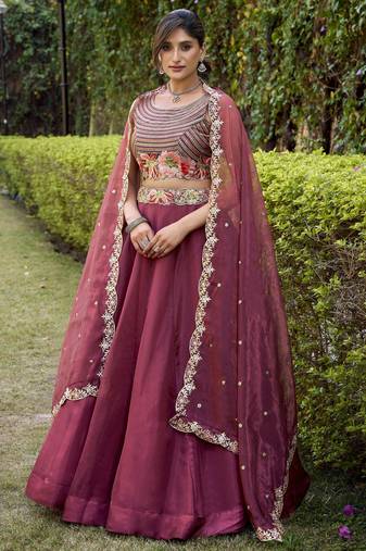 Enchanting Wine Chanda Silk Plain With Sequins and Thread Embroidered Belt Indian wedding lehenga Choli dress